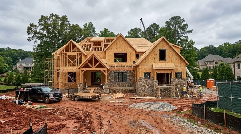 Custom home under construction in Atlanta suburbs showing stone facade and timber framing, representing 2025 custom home building costs per square foot