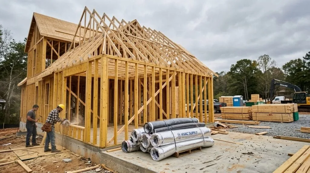 New construction home framing with foundation slab, roof trusses, and HVAC ductwork showing Atlanta custom home build inclusions