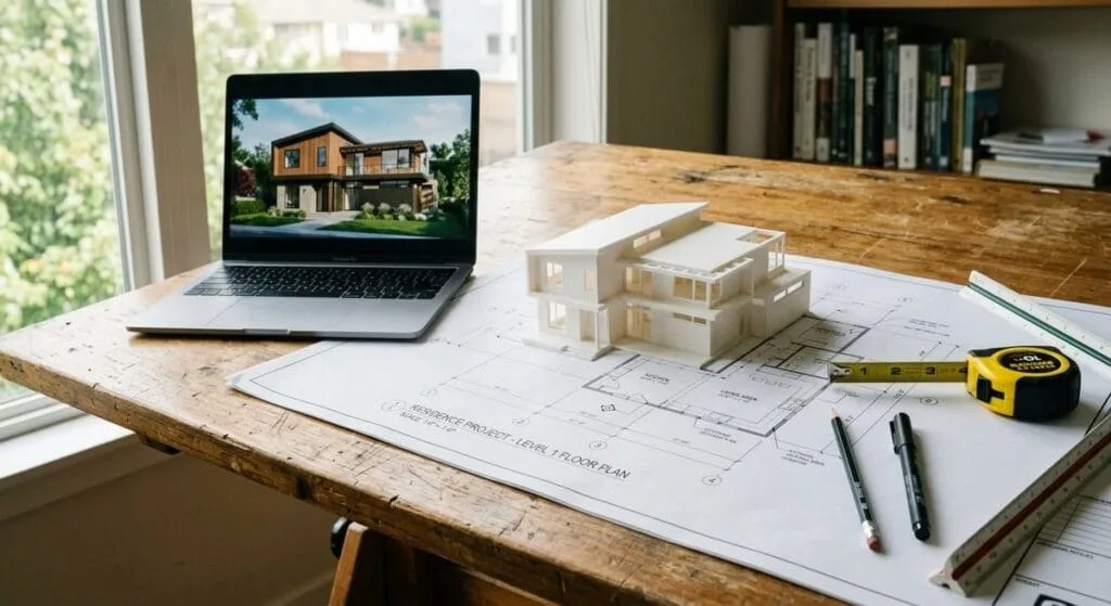 Custom home building process materials including blueprints and 3D rendering model for Canton GA home construction planning
