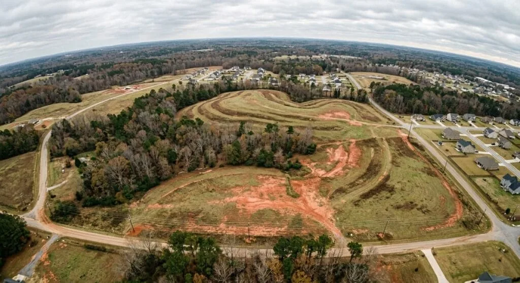 Undeveloped land lot in Cherokee County Canton GA with red clay soil and gentle topography suitable for custom home construction