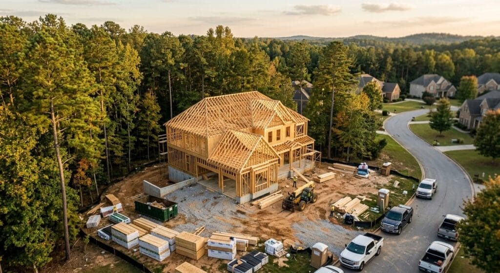 Custom home framing under construction in Canton GA neighborhood, showcasing local home builder expertise in Cherokee County