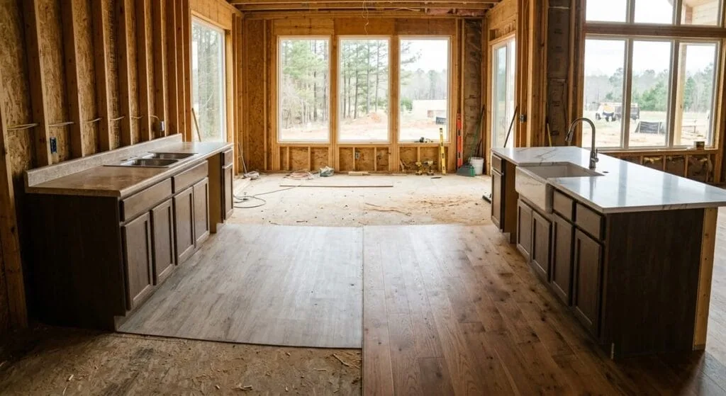 Custom home finishes comparison showing budget vs premium countertops and flooring options for Cherokee County Canton GA builds