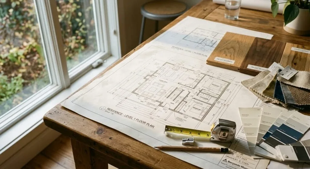 Custom home builder blueprints and material samples for new construction design planning in North Atlanta