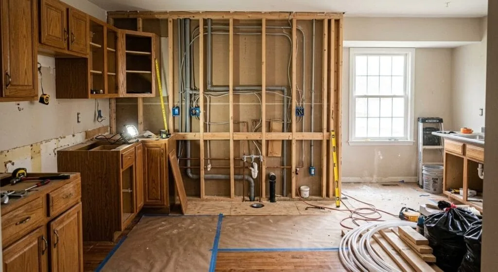 General contractor kitchen renovation with exposed wall framing, electrical rough-in, and plumbing visible during remodel