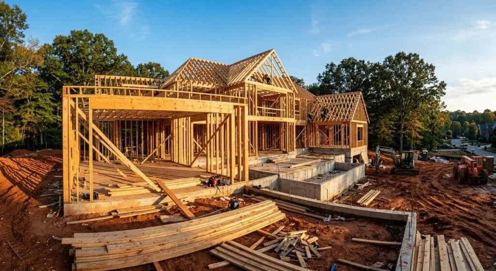Custom home framing under construction in North Atlanta with exposed wood structure and red clay lot in Cherokee County