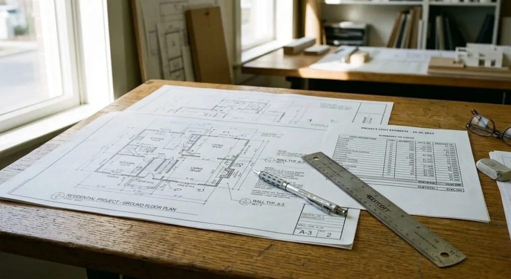 Detailed custom home blueprints and line-item cost estimate documents for Johns Creek luxury home investment planning