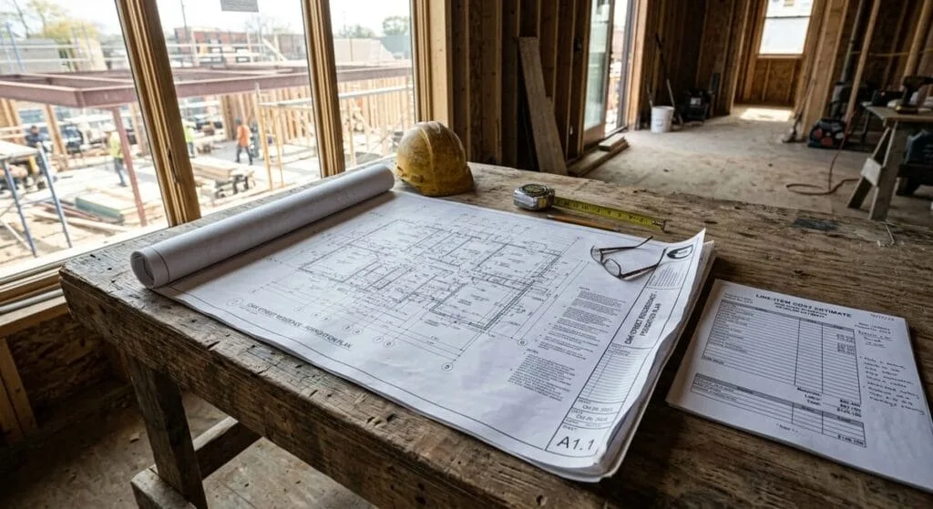 Custom home building blueprints and detailed cost estimate on job site table in Johns Creek GA construction project