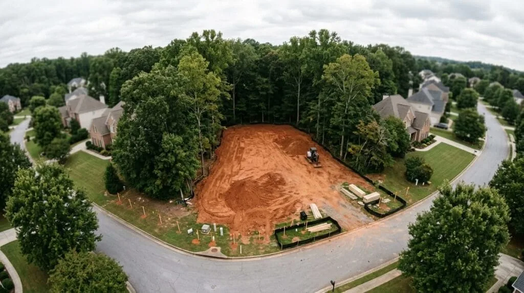 Wooded residential lot in Johns Creek GA with cleared area and utility markers for custom home construction on your land