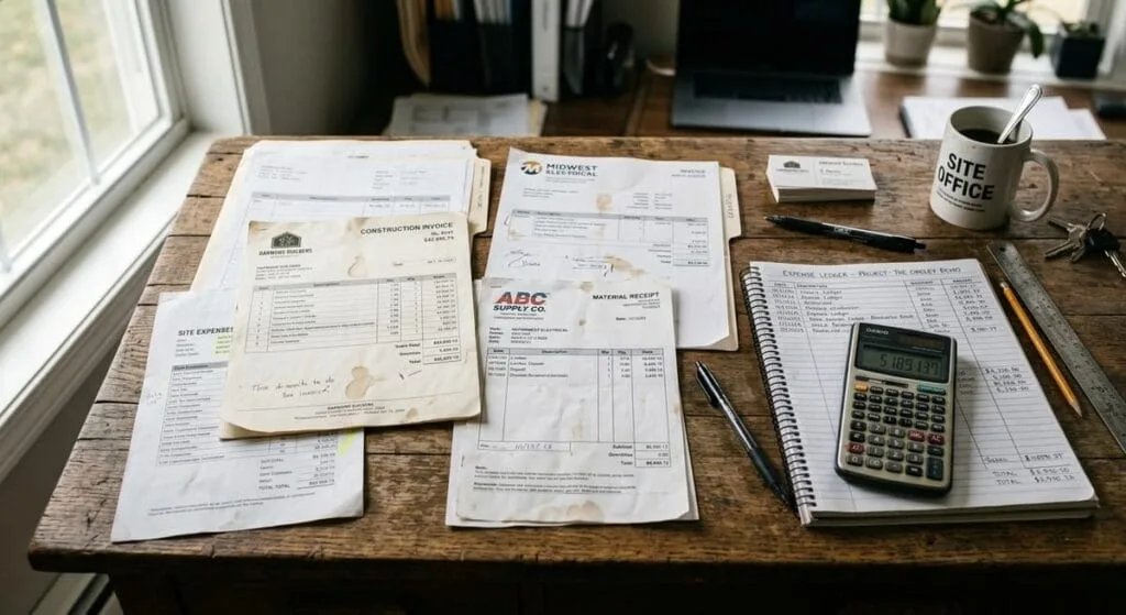 Cost plus contract documents showing itemized construction receipts and invoices spread across a builder's desk
