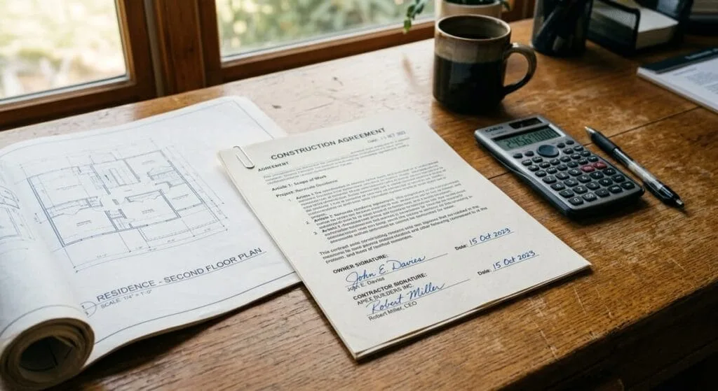 Fixed price contract documents with blueprints and calculator on desk representing agreed-upon custom home building costs