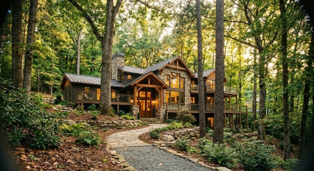 Custom home builder Milton GA luxury house built on wooded sloped lot surrounded by preserved hardwood trees
