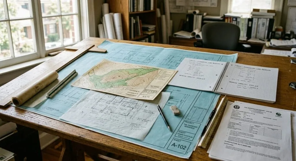 Custom home pre-construction planning documents and blueprints