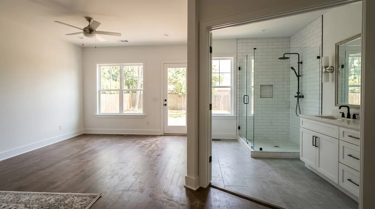 20x20 home addition primary bedroom suite with ensuite bath showing plumbing rough-in and walk-in shower in North Atlanta