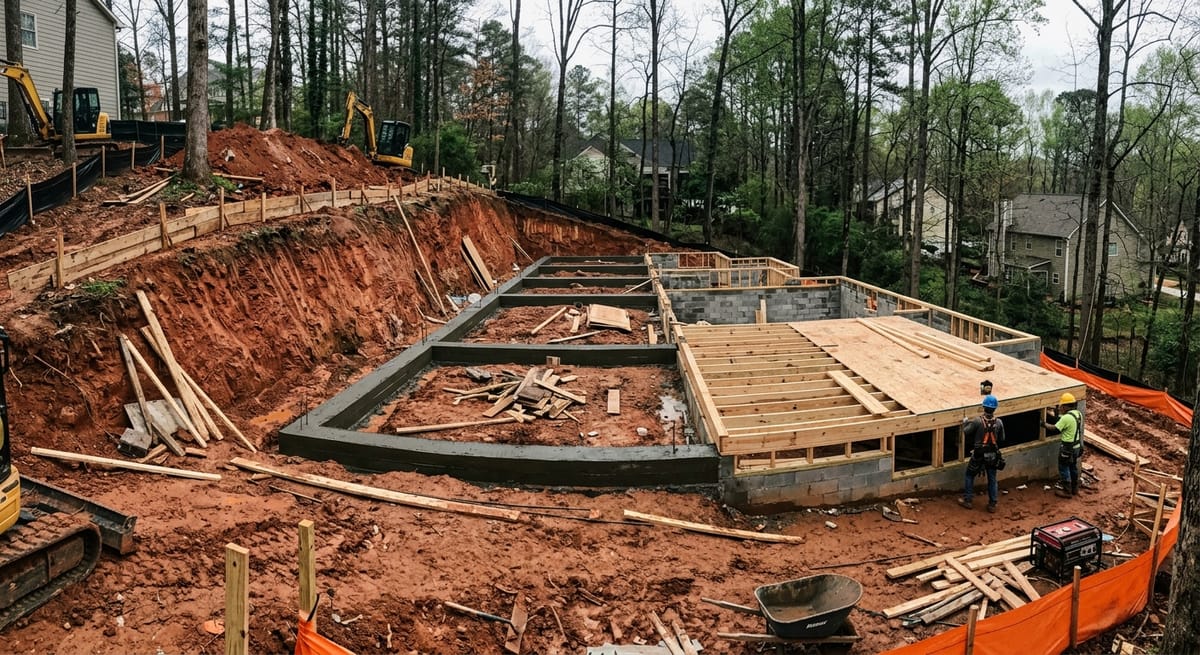 Stepped concrete foundation footings on a sloped Cherokee County lot with cut-and-fill grading and exposed red clay soil