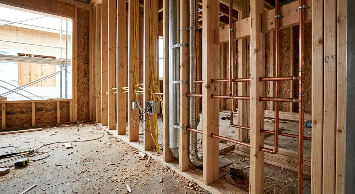 HVAC ductwork, electrical wiring, and plumbing rough-in visible inside exposed wall framing during a home addition