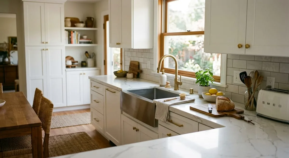 Bright North Atlanta kitchen remodel with affordable quartz countertops that look high-end alongside white shaker cabinets