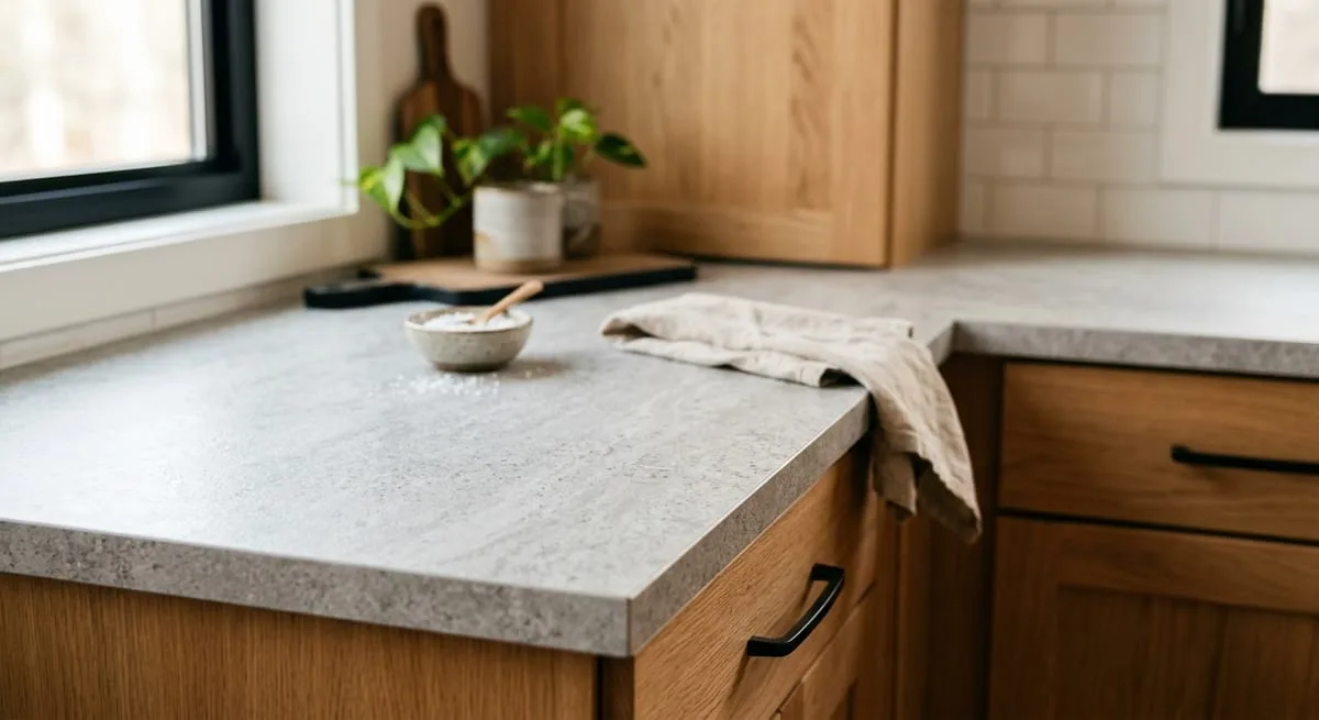 Modern matte laminate countertop with realistic stone texture installed in a bright kitchen, showing affordable countertop that looks like quartz