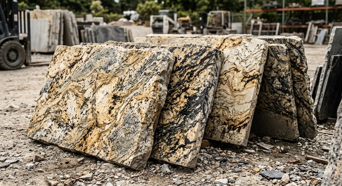 Granite remnant slabs with natural veining at a North Atlanta fabrication yard, affordable countertop alternatives to full granite slabs