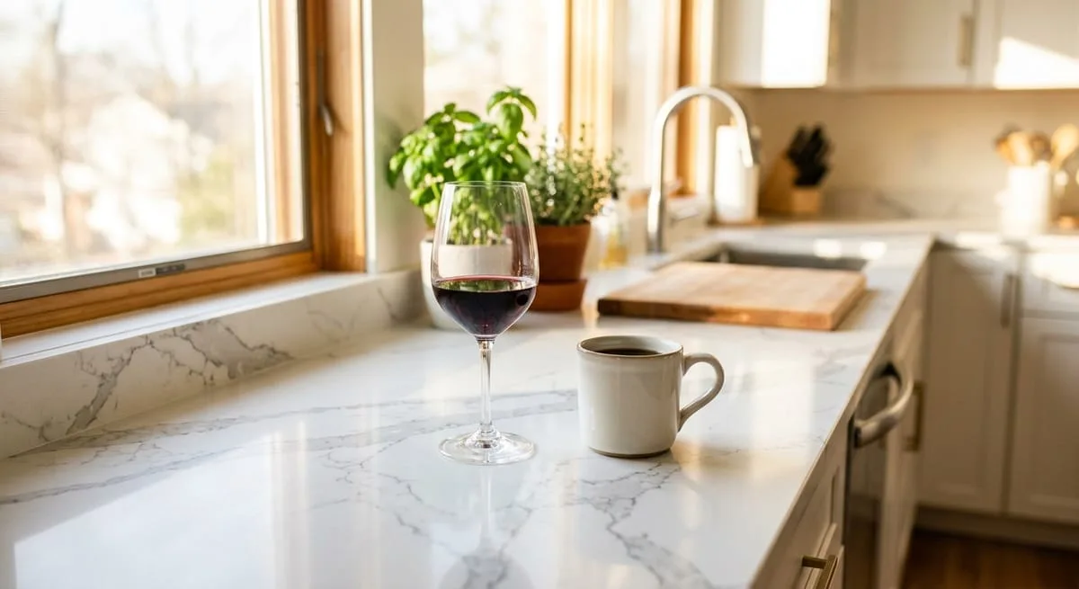Mid-range quartz countertop with calacatta white and gray veining in a bright North Atlanta kitchen showing consistent pattern