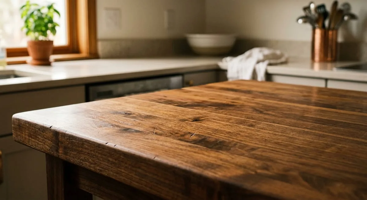 Butcher block kitchen island with oiled walnut surface beside neutral quartz perimeter countertops in modern kitchen
