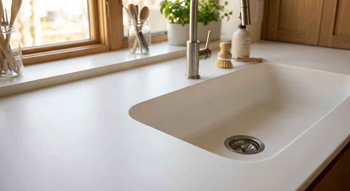 Seamless solid surface countertop with integrated sink showing continuous custom-look finish in a modern kitchen