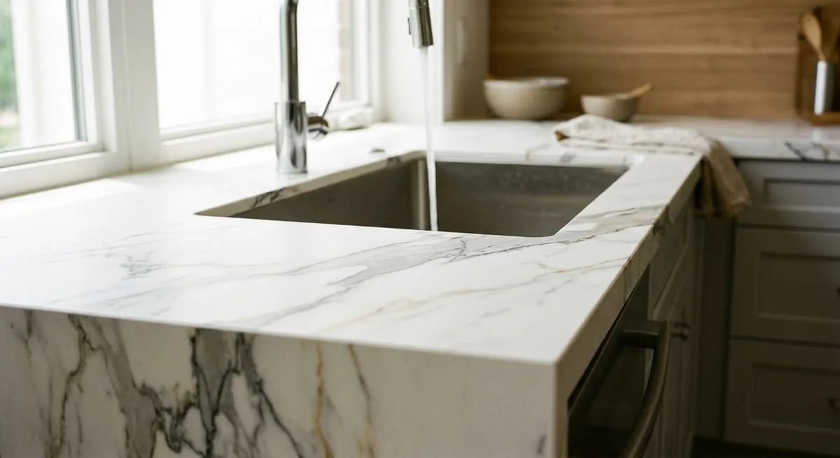 Porcelain slab countertop with marble-like veining in a sun-filled kitchen, showcasing luxury look at lower cost than natural stone