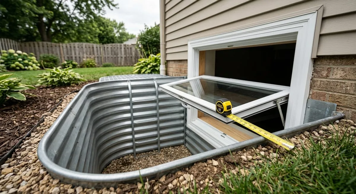 Basement egress window with metal window well meeting IRC R310 minimum size requirements for Georgia building code