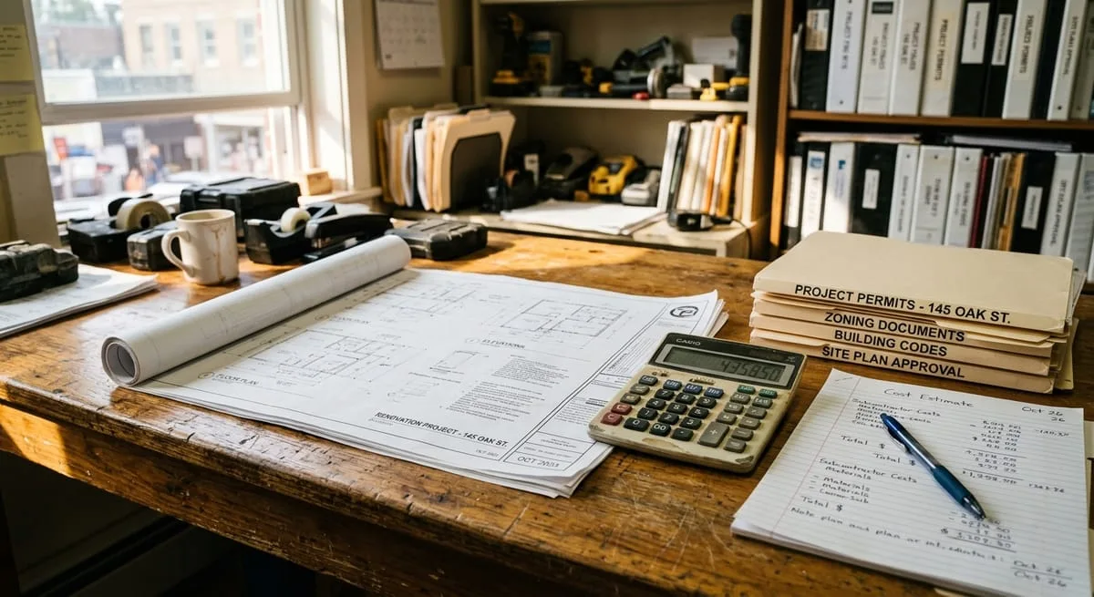 Build vs buy cost comparison documents including construction blueprints, permit folders, and cost estimate sheets on contractor desk