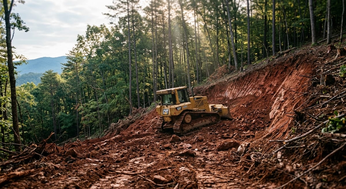 Sloped North Georgia lot with exposed red clay and grading work underway, showing site preparation costs that drive home building expenses