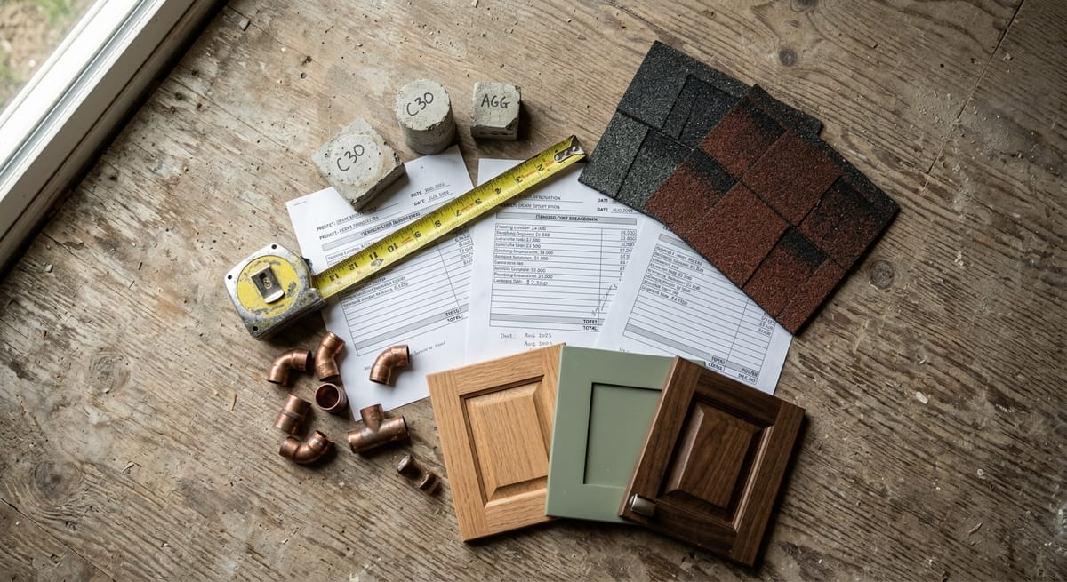 House building cost breakdown materials including roofing samples, pipe fittings, and cabinet swatches laid out on construction subfloor