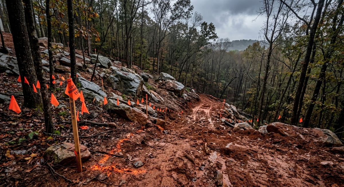 Sloped North Atlanta lot with rocky soil, exposed boulders, and survey stakes showing site preparation challenges for home construction