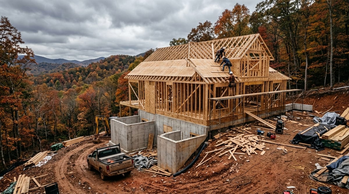 Custom home framing on sloped North Georgia terrain showing mountainous lot conditions that increase construction costs per square foot