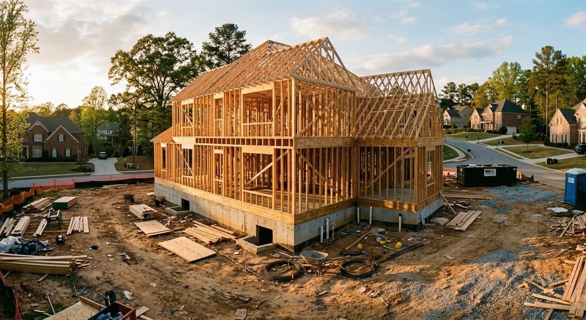 Custom home framing under construction in North Atlanta showing wood studs and foundation before conversion to permanent mortgage