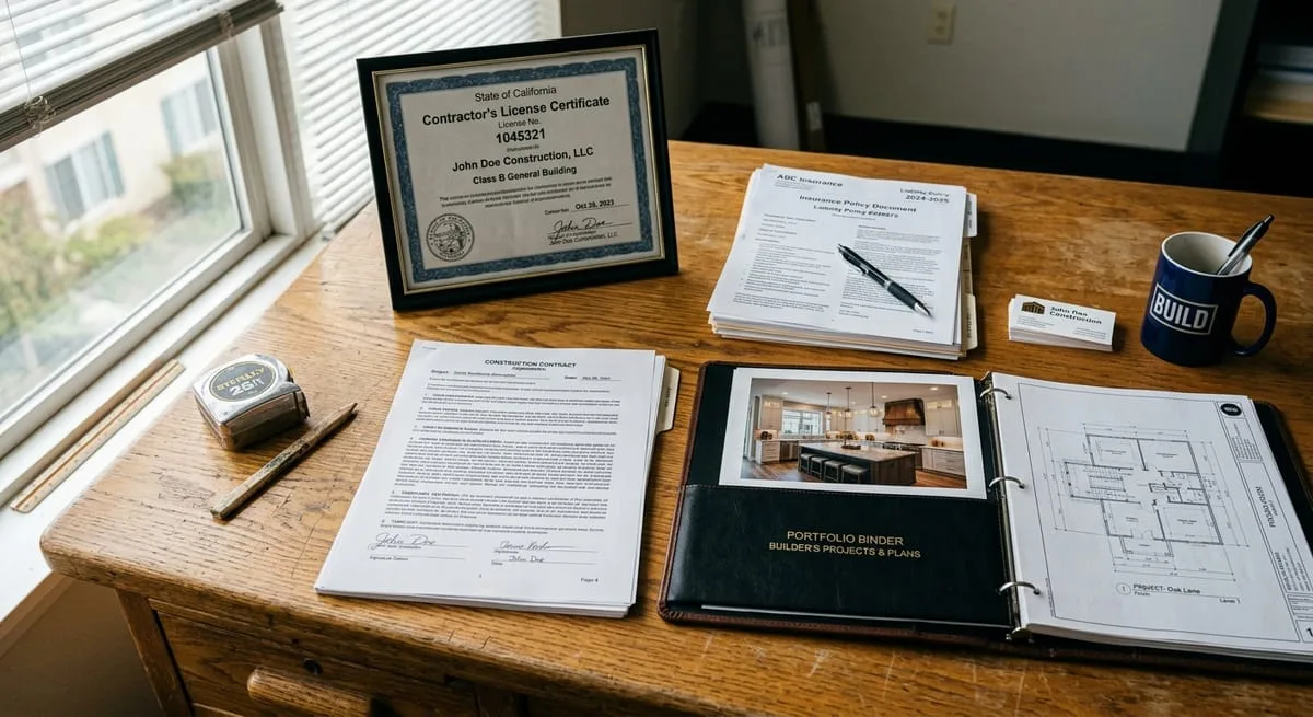 Builder license, insurance documents, and signed construction contract laid out for lender approval review on a wooden desk