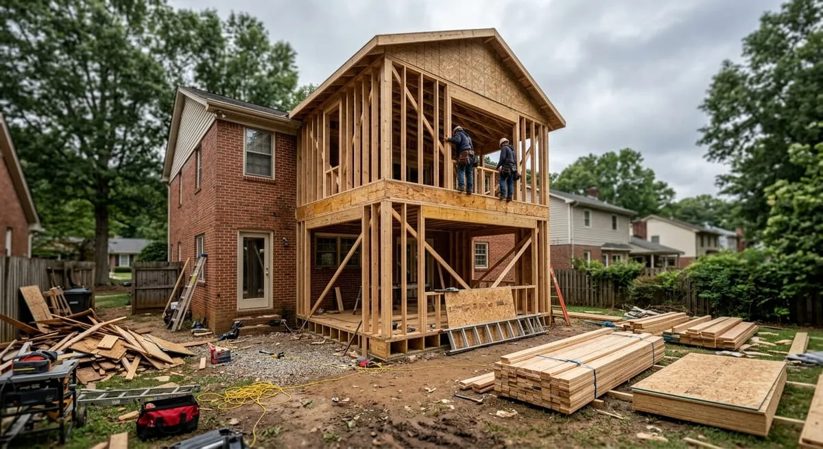 Home addition framing under construction on a North Atlanta suburban brick house showing new room extension costs