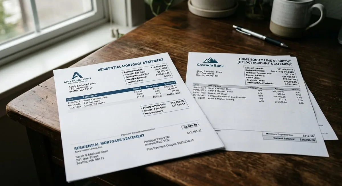 Mortgage statement alongside HELOC document showing 2025 rate comparison options for North Atlanta homeowners financing a home addition