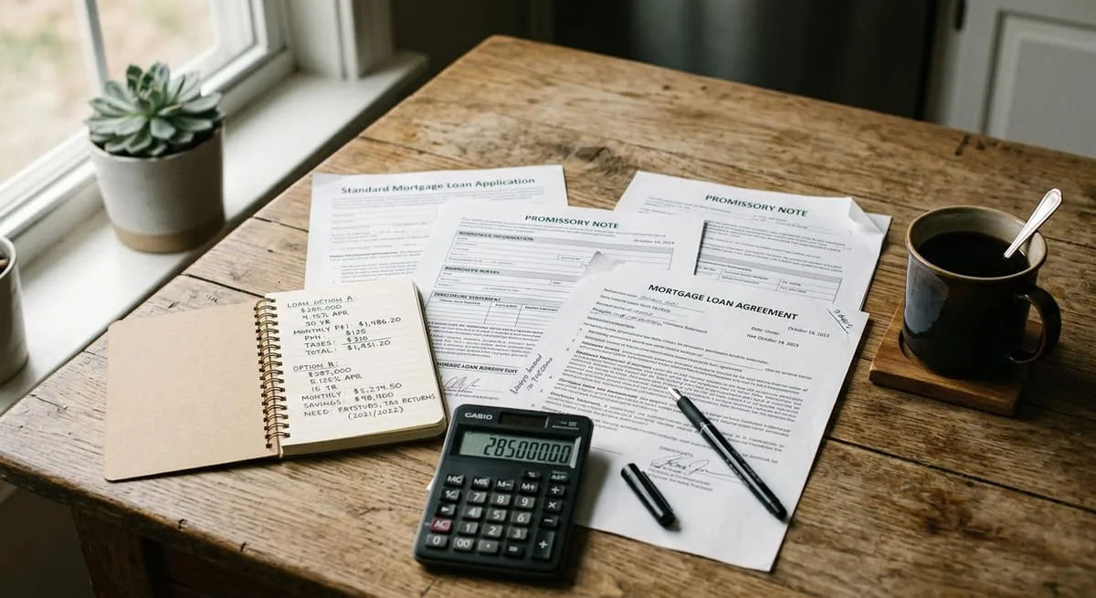 Home addition financing documents and calculator spread on a table, comparing loan types for a renovation project