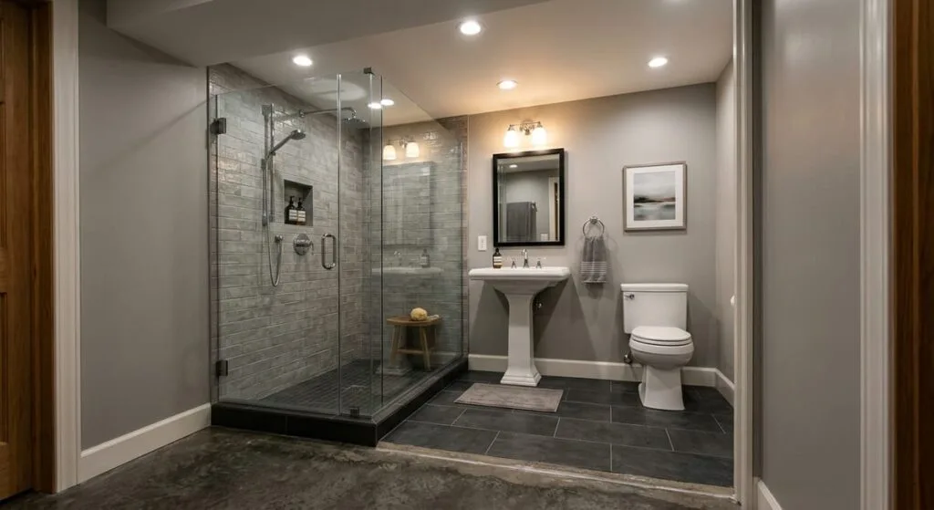 Finished basement bathroom with walk-in shower and pedestal sink showing typical Atlanta basement bathroom addition result