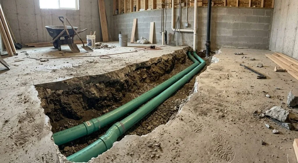 Concrete trench cut through basement slab with PVC drain pipe installed at slope for gravity-fed bathroom plumbing