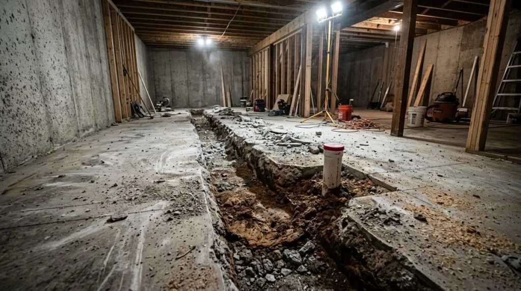 Saw-cut concrete trench in unfinished basement slab exposing drain pipe rough-in for basement bathroom plumbing installation