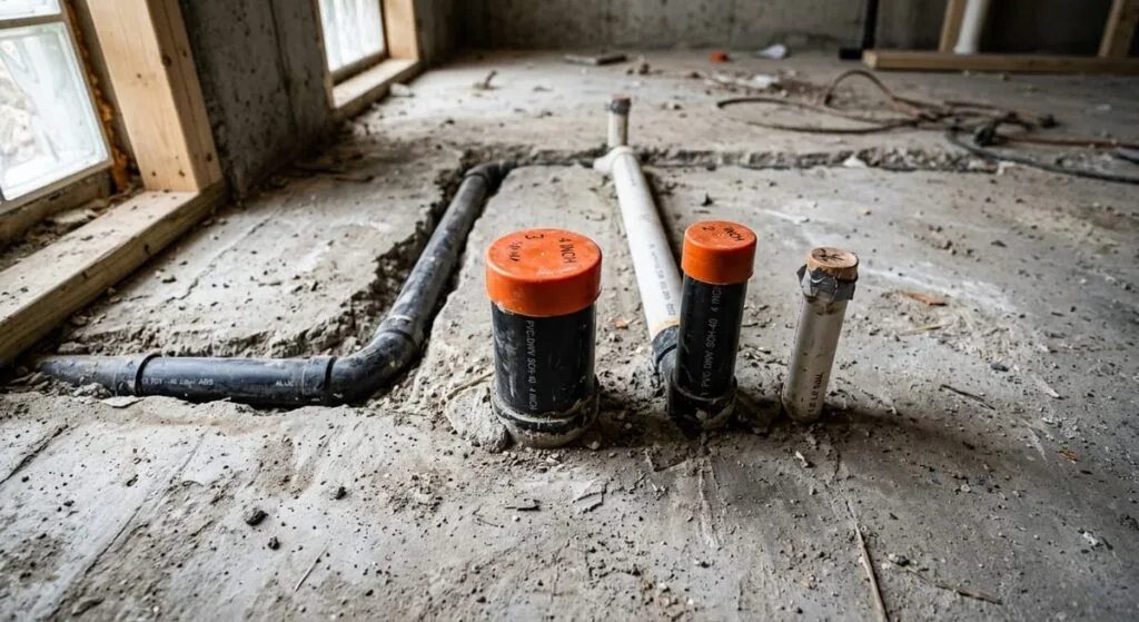 Capped PVC rough-in drain pipes stubbed out from basement concrete slab, ready for bathroom connection