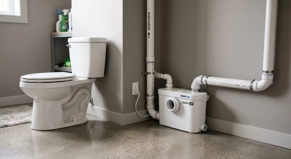 Upflush macerator system installed in finished basement with concrete slab floor showing difficult drain access alternative