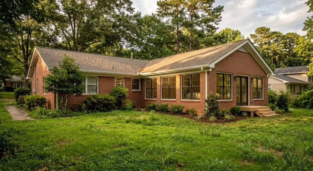 New primary suite home addition attached to brick ranch house in Cherokee County neighborhood showing expanded square footage