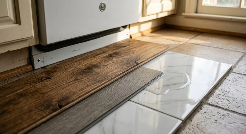 Kitchen flooring material samples near dishwasher showing water resistance considerations for Georgia homes
