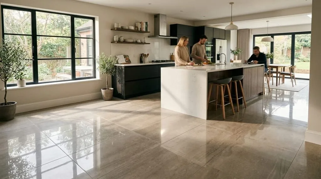 Large-format porcelain tile kitchen floor with minimal grout lines in a Georgia home kitchen with natural light