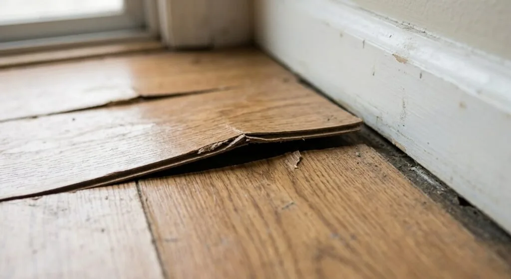 Warped and delaminated laminate kitchen flooring showing moisture damage and swelling near baseboard edges