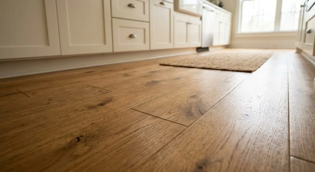 Engineered hardwood kitchen flooring with warm wood grain tones installed in a sunlit Atlanta-area home kitchen