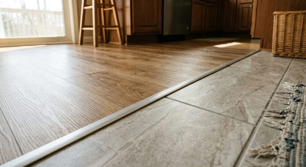 Side-by-side comparison of luxury vinyl plank and porcelain tile kitchen flooring options in a North Atlanta home
