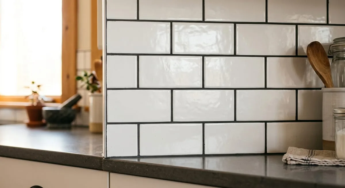 White subway tile backsplash in brick-offset layout with dark grout contrasting against light quartz countertop in a modern kitchen