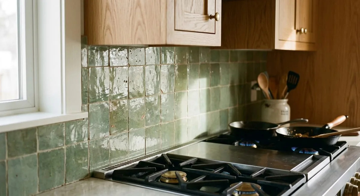 Sage green zellige tile backsplash with handmade ceramic texture catching natural light behind kitchen range with shaker cabinets